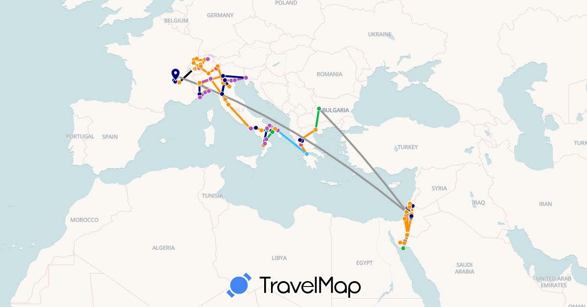 TravelMap itinerary: driving, bus, plane, train, hiking, boat, hitchhiking, camion (super papi), camion (super papy!!), voiture maman in Bulgaria, Switzerland, Egypt, France, Greece, Israel, Italy (Africa, Asia, Europe)